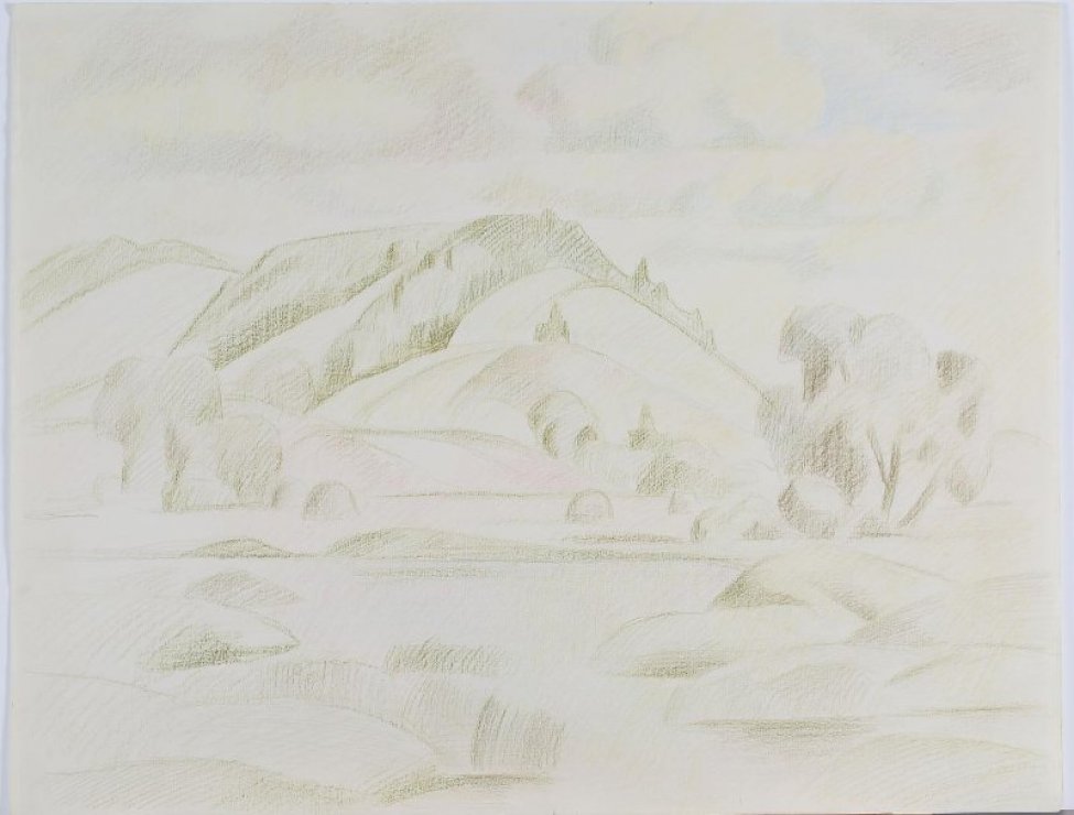 В центре композиции изображено водное пространство с холмистыми берегами на первом плане. На дальнем плане - холмистая местность, поросшая редкими лиственными деревьями.