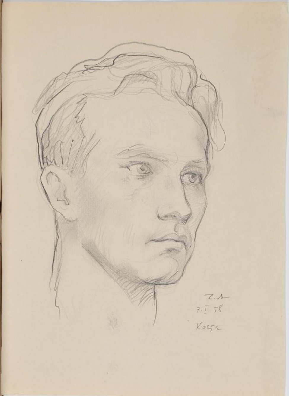 Изображена в 3/4 повороте вправо голова молодого человека с волнистыми волосами, открывающими высокий лоб, губы плотно сжаты.