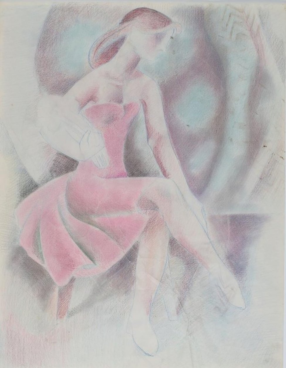 На сиренево-зеленом фоне изображена в правый профиль сидящая на табурете молодая женщина в розовом платье. В левой руке - букет цветов, правая опущена вниз. Левая нога закинута на правую.