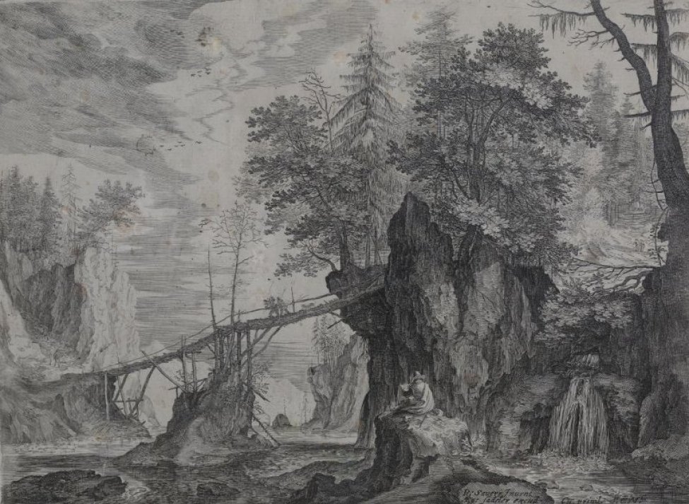 Справа изображены скалы с деревьями, растущимина них; между скал падает водопад; слева изображена река с островком посередине; от скал через островок и дальше на другой берег переброшен деревянный мостик; в глубине слева и прямо видны высокие скалы и горы