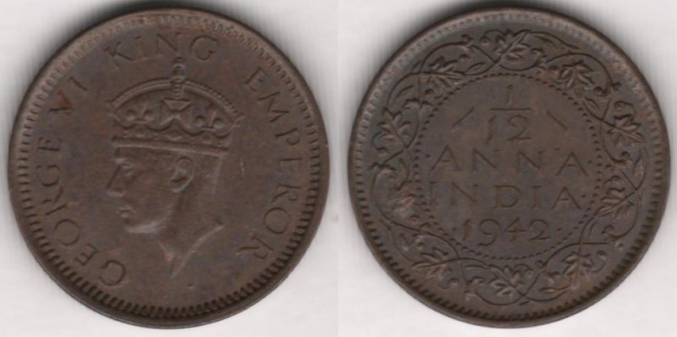 Аверс: В центре -- портрет (голова) короля Георга VI, императора Индии влево: молодой мужчина в королевской короне. Корона состоит из украшенного   чередующимися точками, ромбами (расположены горизонтально) и сдвоенными мелкими точками (двоеточиями) обруча с 5 видимыми зубцами (3 в виде т. н. уширенных крестов, 2 -- в виде геральдических лилий), из трёх видимых полудуг (расположены крест-накрест), украшенных рядами мелких точек (жемчужин); вверху, в месте соединения дужек, держава с крестом. Вокруг портрета надпись (с разрывом внизу): GEORGE VI KING EMPEROR. Внизу, под портретом, небольшая точка. Вокруг композиции аверса рамка из коротких вертикальных штрихов (примыкает к буртику). По краю монеты линейный буртик.
Реверс: В центре, в круглой рамке из мелких точек, надпись (обозначение номинала) в 3 строки и дата: 1\12 / .АNNА. / .INDIA. / .1942.. Слева и справа от цифр номинала (дроби) по прямой короткой черте. Вокруг надписи широкая полоса обрамления из растительного орнамента: листья сложной формы, с изрезанными краями, на длинных тонких стеблях. Вокруг композиции реверса рамка из коротких вертикальных штрихов (примыкает к буртику). По краю монеты линейный буртик.
Гурт: гладкий