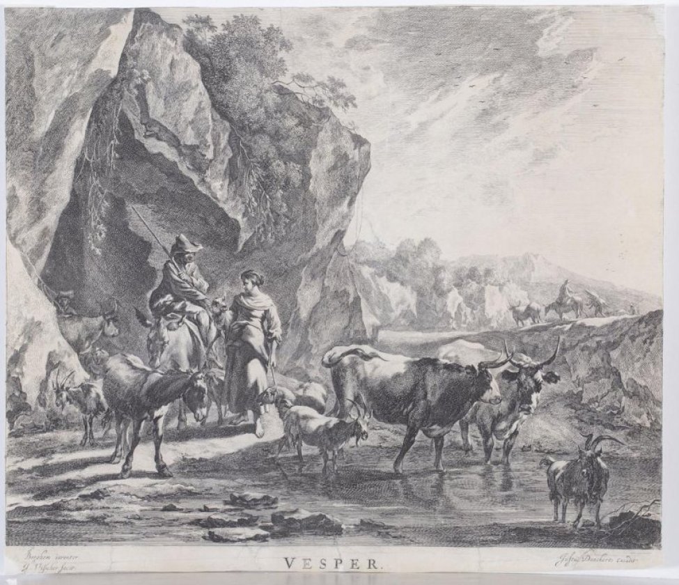 Изображает гористую местность, слева возвышаются отвесные скалы; справа протекает речушка. У подошвы скал изображено стадо коров и коз; верхом не осле едет мужчина, рядом с ним женщина с козленком на руках.